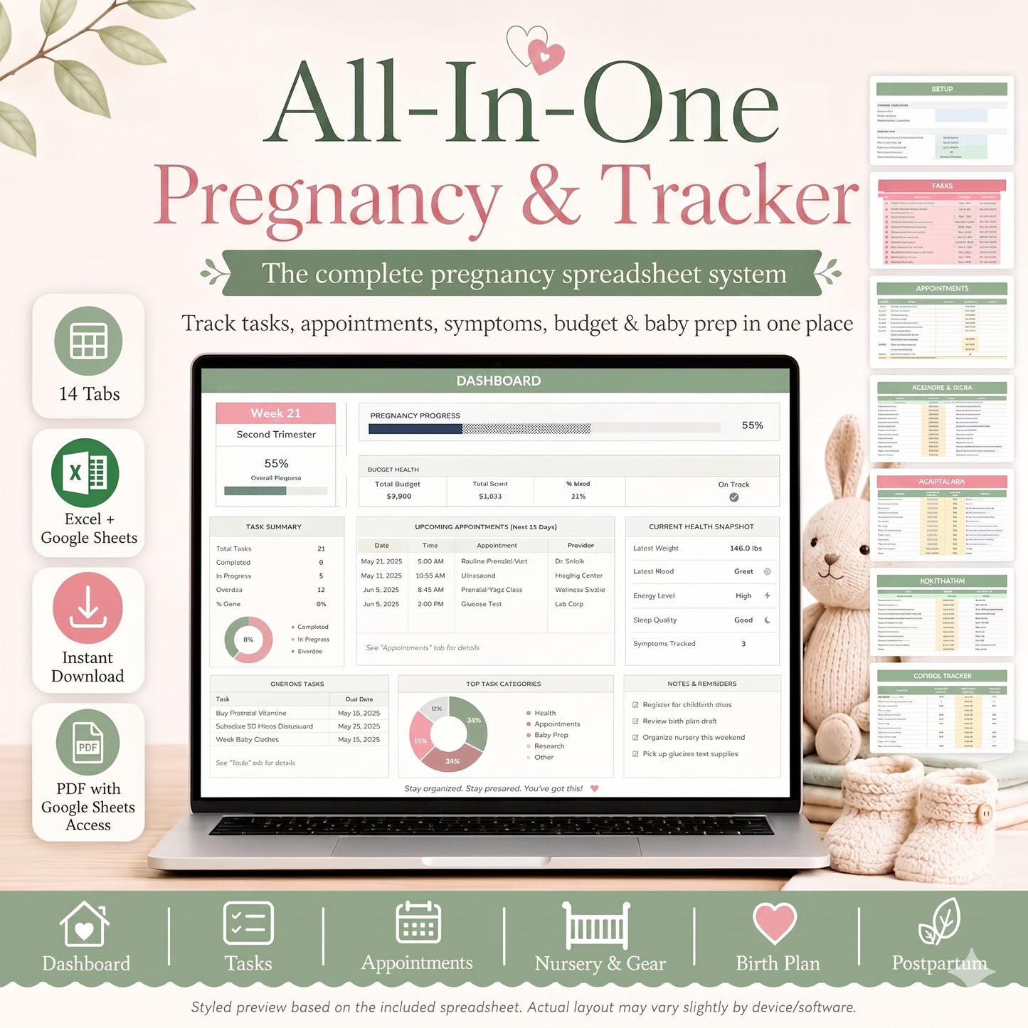 All-In-One Pregnancy Planner & Tracker | Birth Plan| Budgeting | Baby Name Annoucement | Baby Shower | Postpartum Recovery | Appointment