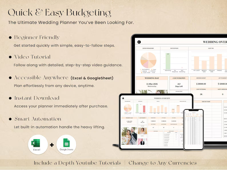 Interactive Wedding Planner Dashboard | Budget, Guest List | Budget Tracker, Wedding Timeline Checklist
