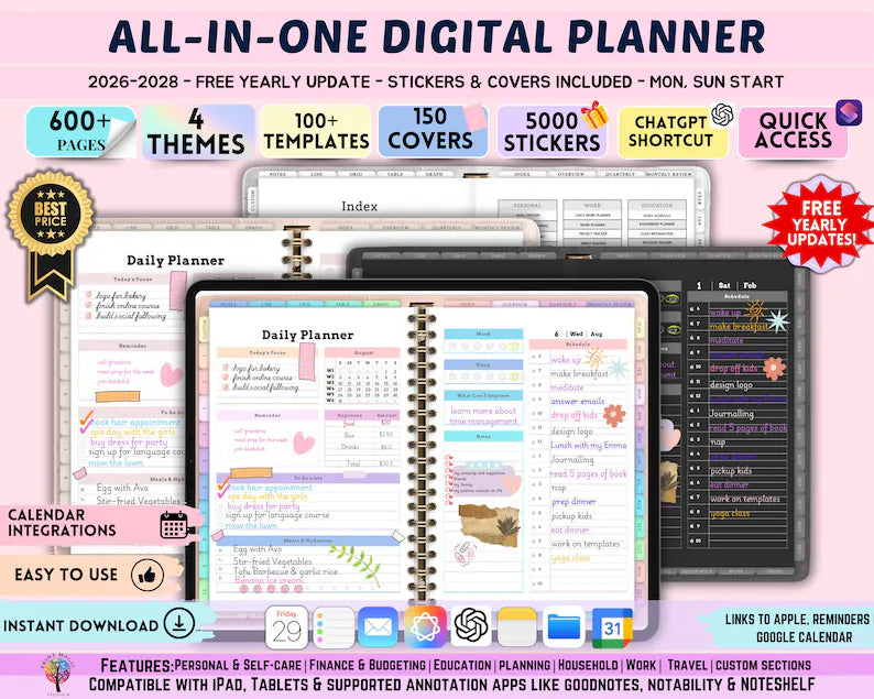 All In One Digital Planner 2026, 2027, 2028 || Weekly, Daily, Notes+ Notability