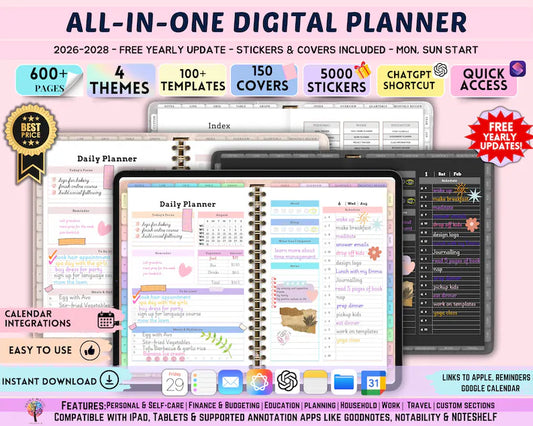 All In One Digital Planner 2026, 2027, 2028 || Weekly, Daily, Notes+ Notability