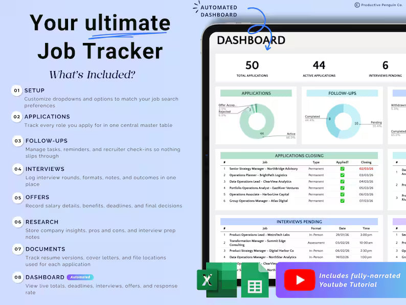 Job Application Tracker Spreadsheet | Interview & Job Offer Tracker | Planner Template