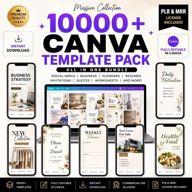 10k+ Ready-To-Use Canva Templates Bundle || Social Media, Business, Planners